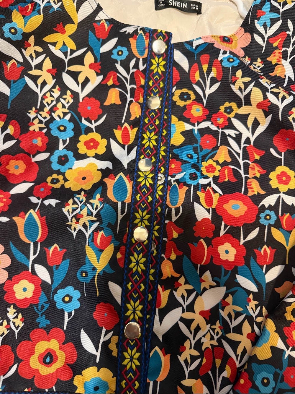 SHEIN Black Multicolor Floral Patchwork Long Sleeve Blouse - Picture 3 of 4